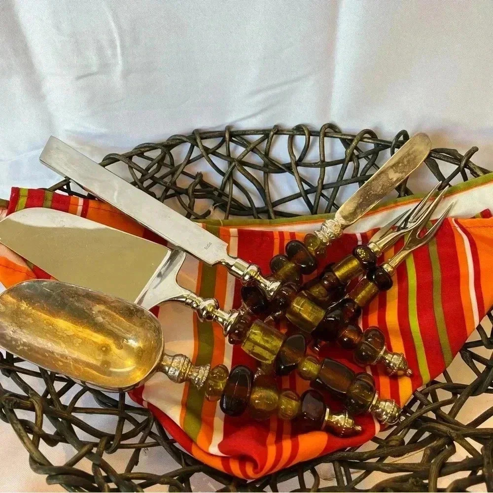 Vintage 1970s Silver Plated Green and Amber Beaded Party Serveware Set of 8